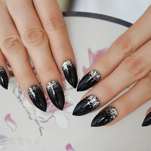 UV Gel Glitter Stiletto Fake Nails Super Sharp Tip Charmpagne Black Press on manicure Tips Shimmer Fingernails Custom