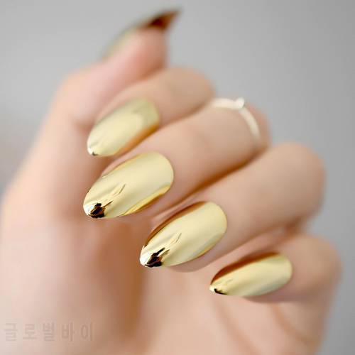 Metallic Mirror Bright Gold False Stilettos Nail Yellow Golden Metal Oval Stiletto Sharp Fake Nails Manicure Full Nails Art Tips