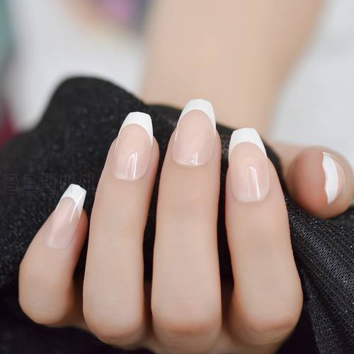 Natural Nude White French Coffin False Fake Nails Press on Flat Ballerina Nails Art Tips Daily Office Finger Wear Manicure 24pcs