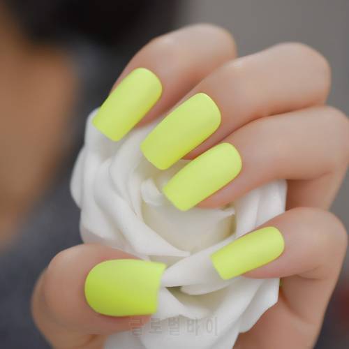 Matte Finished Lemon Yellow Press on False Nail Frosted Acrylic Fake Faux Nails with Glue Sticker