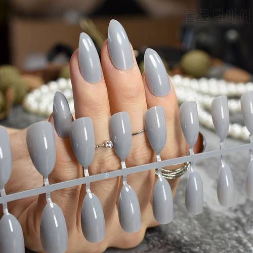 Grandma Grey Shiny Fake Nails Grace Stylish Stiletto Press On Nails DIY Manicure Tips Full Wrap 24pcs/kit
