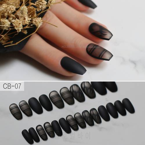 Black fashion matte torch ballet fake nails coffin nails natural color Line pattern Hot sale with sticky Easy to wear Match