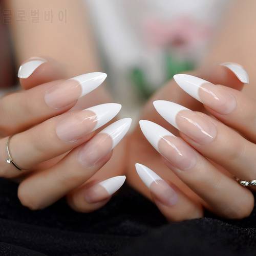 White French Tips Fake Nails Extra Long Stiletto False Nails Natural Painted Long Party Designed Nails 24 Count