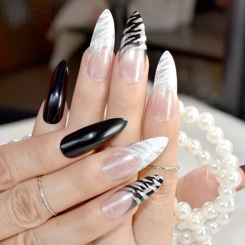 Extra Long Pointed Pre-designed Nails Black White Zebra Bent Press On Nails Long French Nails including glue sticker