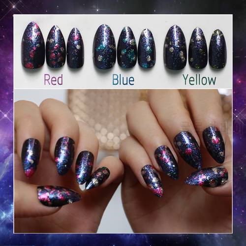 24PCS Blue Outer Space 3D flash Stiletto false Nails Purple Galaxy Fake Nails Almond Starry sky Nails yellow Dream space Pointed