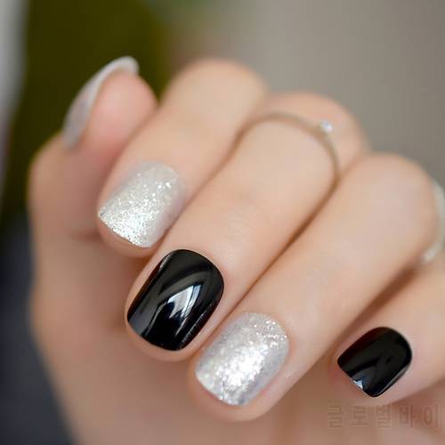BLack Gel Fantasy Short Fake Nails Ready To Wear Designed Nails Sparkly Glitter Short Length Round Painted Veil, 24 ct