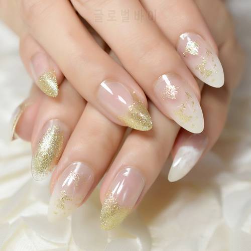 Spirit Fairy Stiletto Nails 24 Full Set of Nails Clear Fake Nails Natural Look Glitter Decorated Artificial Nails