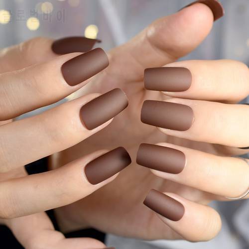 Chocolate Brown Fake Nails Matte Frost Full Nails Long Square Nail Art Decoration Tips with Glue Sticker in 10 sizes