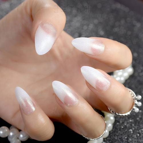 24Pcs Fashion Acrylic Pointed False Nail Stiletto Nails Clear Holo Glitter French Nails Tips Full Cover Manicure Product