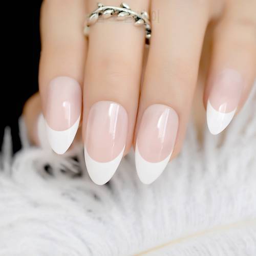 24 Count Beige Artificial Nails Classical Almond Shape French Nail Sweet Smile Line with Adhesive Glue Sticker