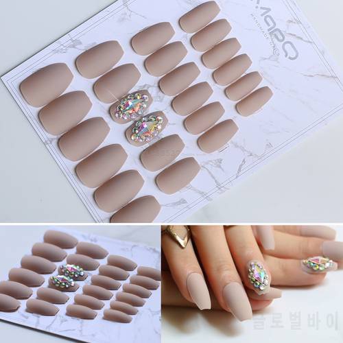 Matte coffin False nails Nude color Full Nail Ballerina Fake nail 24pcs nail tips Flash design shiny Diamond Shape AB Crystal