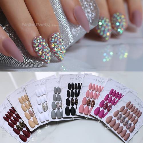 White Matte Pink Press On Nail Bling crystal Nail Art Burgundy Pointed Black false stiletto nail Gray Nude with Stickers 24pcs