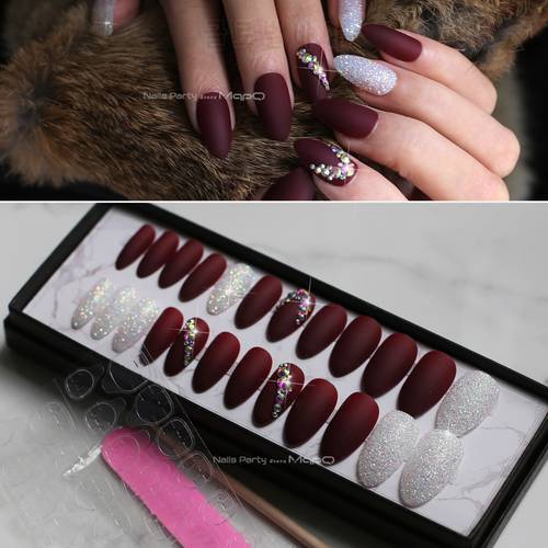 Matte flash art nails box Match press on nails Burgundy AB rhinestone fasle nails stiletto with adhesive tabs select