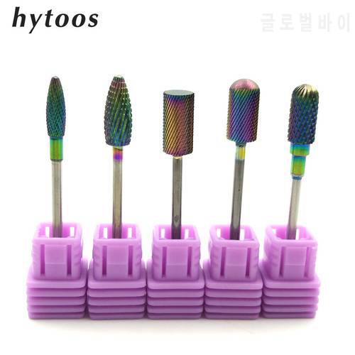 HYTOOS 5 Type Rainbow Coating Tungsten Carbide Burrs Nail Drill Bit Metal Bits For Manicure Drill Accessories Milling Cutter