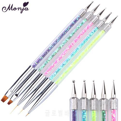 Monja 5pcs/set Double End Nail Art Acrylic French Stripes Lines Flower Painting Drawing Liner Brush Marbleizing Dotting Pen