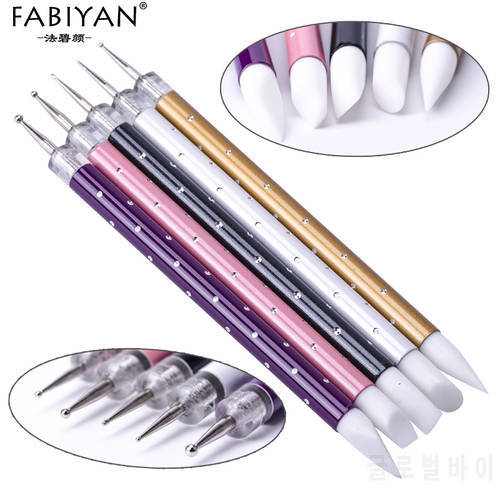 Dual-ended 5pcs Nail Art Brush Silicone Dotting Sculpture Carving Shaping Painting Pen Manicure Acrylic Picking Rhinestone Tools