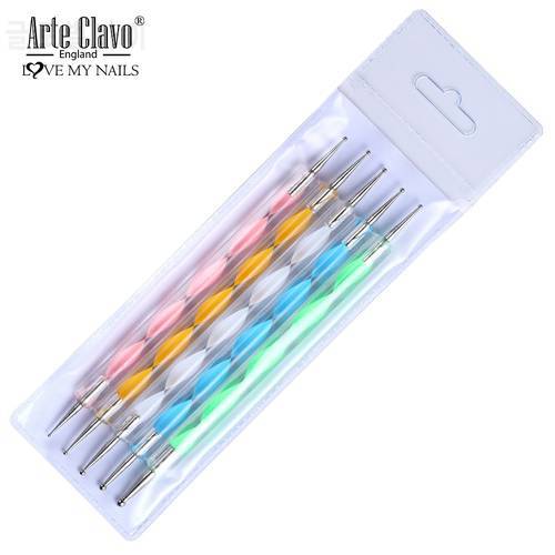 Arte Clavo Nail Pen 5pcs Professional Nail Art Pen 2Way Dotting Pen Set LED UV Gel Nail Painting Draw Brush Rhinestone Tool Kit