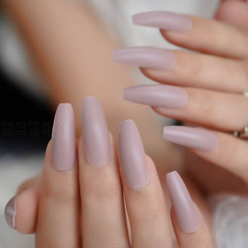 Extra Long Coffin Fake Nails Matte Nude Pink Frosted Elegance Ballerina Ladies Party Pre-designed Nails 24