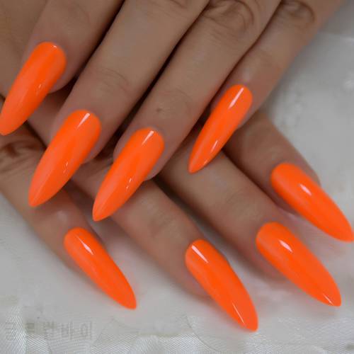 Neon Fake Nails Extremely Long Bright Orange Shiny Press On Nail Carnival Style Decoraion Manicure Tips Salon Nails 24