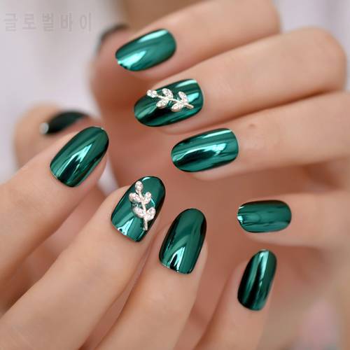 Metallic Mirror Acrylic Custom Press On Nails Green Alloy Silver Leaf Decoration Lady Fingernails 24