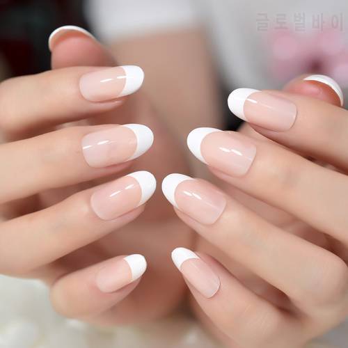 24pcs Classical Light Pink French Nail Pointed Simple Design White Tip gel Nails Stiletto Flase Nails with glue sticker Z939
