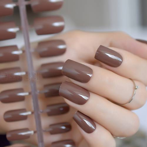Coffee Brown False Nails Tip Chocolate UV Effect Fake Nail Full Cover Medium Length Square ABS Artificial DIY Nail Manicure