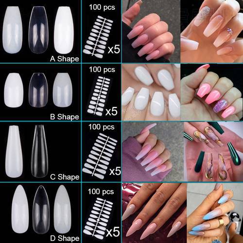 Stock Clearance 5 Sets 100 Pieces Coffin Almond Ballerina Stiletto Oval Shape False Nails 10 Size Full Cover Artificial