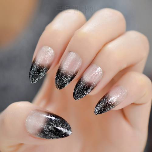 Gradient Clear Black French Press On False Nails Tips Stiletto Easy to Wear Bling Silver Glitter Oval Sharp DIY Designed Nails