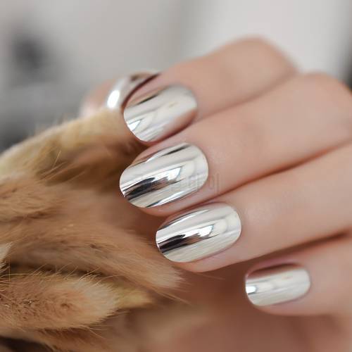 24pcs Silver Medium Artificial Full Curved Nail Metal Oval Girls Fake Nails Mirror Cool False Nail With Glue Sticker