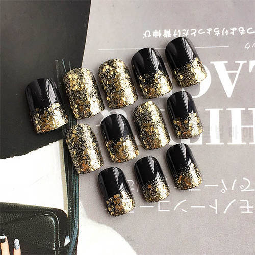 Shiny Glittler False Nails with glue Short Black Fake Nails Gold Sequins Patch Nails artificial nails Full tips faux ongle