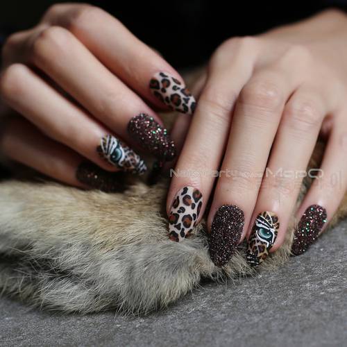Matte tiger Nail Acrylic Fake nail black box Leopard Accent Press on Nails coffee flash stiletto false nails brown glitter Gold