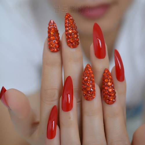 Chinese Red Luxury Fake Nails Full Cover Rhinestones Gorgeous Stiletto Long Custom Press On Nail Handmade Manicure Tips 24