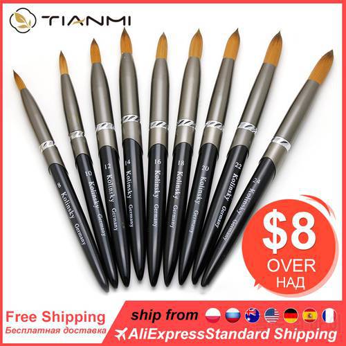 TIANMI Kolinsky Acrylic Nail Brush Metal Black Handle Nail Brushes For Acrylic Application Round And Crimped Shape Nail Brush