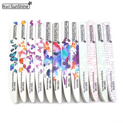 10Pcs/Lot Wooden Nail Files 100/120/150/180/240 Butterfly Printed Strong Sandpaper White Wood Files Buffer UV Gel Polisher Tools