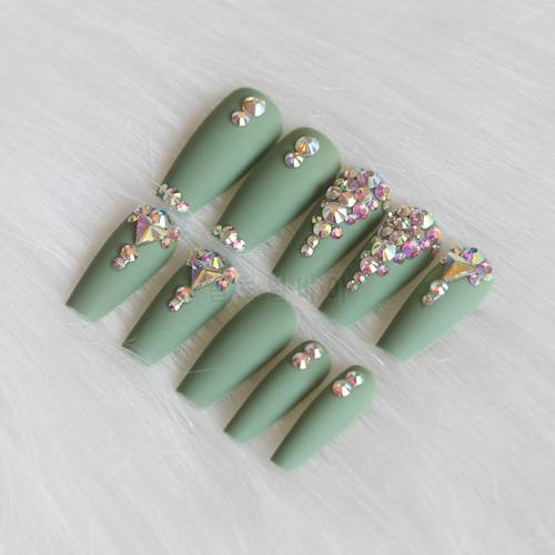 24pcs latest candy long ballet handmade crystal diamond Matte fake nails sexy green