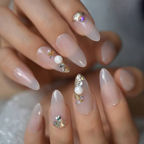 Nude Gel Press On Nails Almond Fake Nails With Pearls Foil Medium Long Full Cover Fingernail Tips Manicure Art Designer