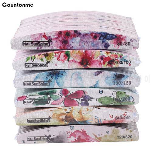 100Pcs Flower Printed Nail Files For Manicure Half Moon Grinding Sanding Buffer Emery Board 80/100/180/240 Grit Nail Accessories