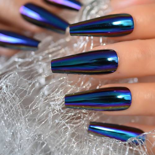 Chrome Diamond Blue Press On Fingernails Metallic Mirror Holo Fake Nails Extra Long Ladies Designed Tips for Finger