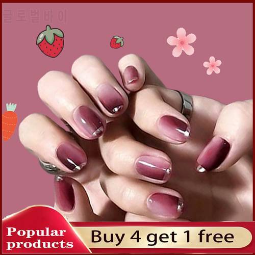 24pcs Fake Nails With Glue Round Head Silver Edge Wearable Fake Nails Gradient Color Short Style Girl Fashion Popular WD