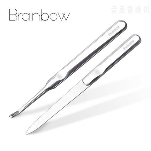 Brainbow 2pcs/Pack Nail Manicure Professional Stainless Steel Cuticle Pusher Dead Skin Remover Nail File Buffer Sanding Grinding