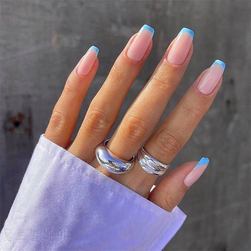 24Pcs French False Nail Tip Wearable Blue Purple Edge Design Artificial Fake Nails with Glue Press On Nails DIY Nail Manicure