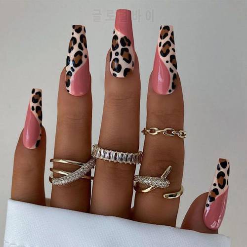 24Pcs/Box Detachable Ballerina False Nails Press On Nails French Coffin Fake Nails with Leopard Design Full Cover Nail Tips