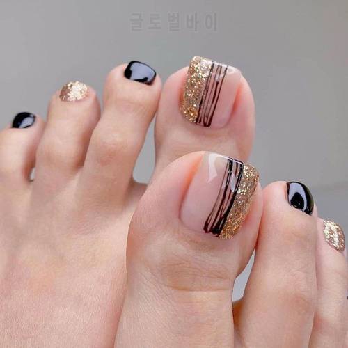 Short False Toenails Artificial Feet Nails Full Cover Square Gold Color Fake Toenails Women Press On Toe Nail Art Decoration
