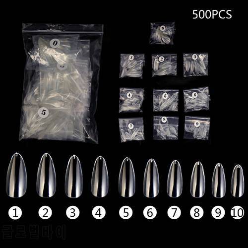 500pcs/bag Full Cover Fake Nail Artificial Press on Long Almond Clear False Coffin Nails Art Tips Manicure Tool