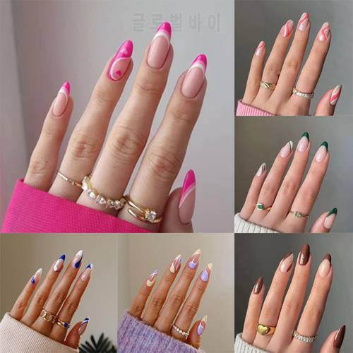 24Pcs Pink Wave Line Almond False Nails Wearable Sweet Fake Nails Press On Nails Manicure Tool Artificial Art Clothes Accessory