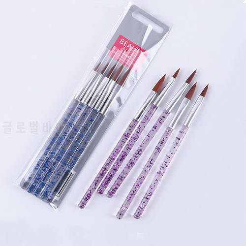 5Pcs Blue/Purple Nail Art Brush Crystal Handle Acrylic Carving Pen Gradient Manicure Acrylic Nail Tool Carving Brush Kit
