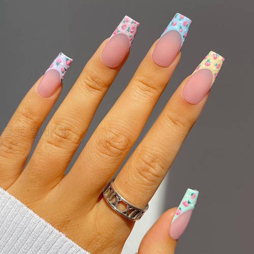 24Pcs/Box French Coffin False Nail Patches Press on Nails Ballerina Fake Nails with Flower Design Detachable Manicure Nail Tips