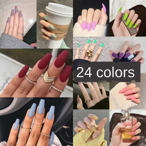 24Pcs Full Cover False Nail Tips Ballerina Nail Art Manicure Matte Tips Coffin Fake Nails Extension Acrylic Nails with Glue NEW
