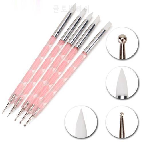 5Pcs 2 Way Nail Art Acrylic Silicone Point Flower Double Head Nail Pen Stainless Steel Dotting Tools Marbleizing Painting Pens