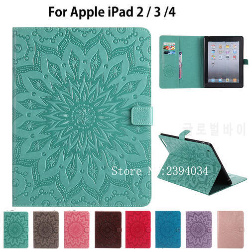 For Apple iPad 2 3 4 Case Fashion Tablet Sun Embossed PU Leather Flip Stand Case For iPad2 iPad3 iPad4 Cover Funda Skin Shell